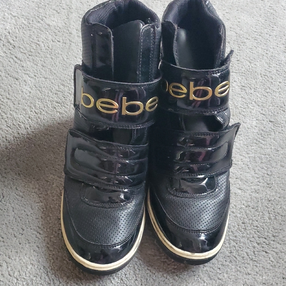 Bebe Black Patent High-Tops, Wedge Heel, with Gold Logo